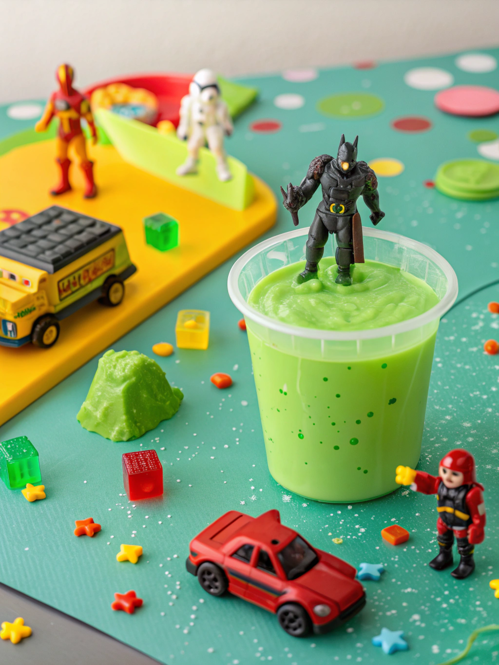A cup of bright green slime with a black action figure standing on top, surrounded by toy cars, superheroes, building blocks, and colorful star-shaped decorations on a playful background.
